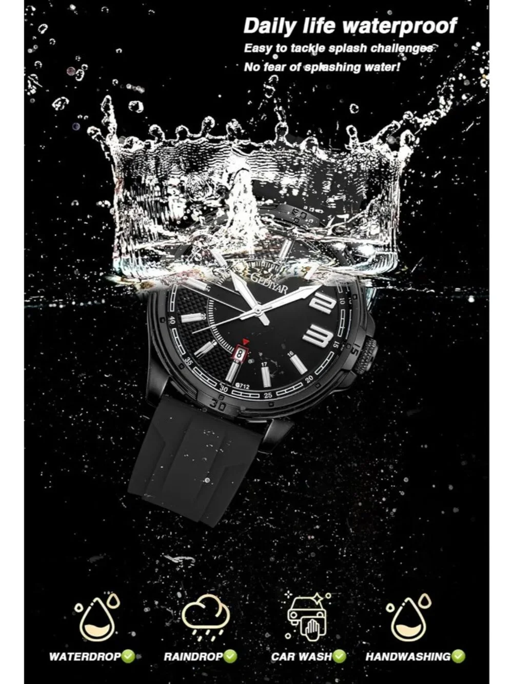 Men's Black Analog Quartz Sports Silicone Strap Waterproof Classic Wrist Watch